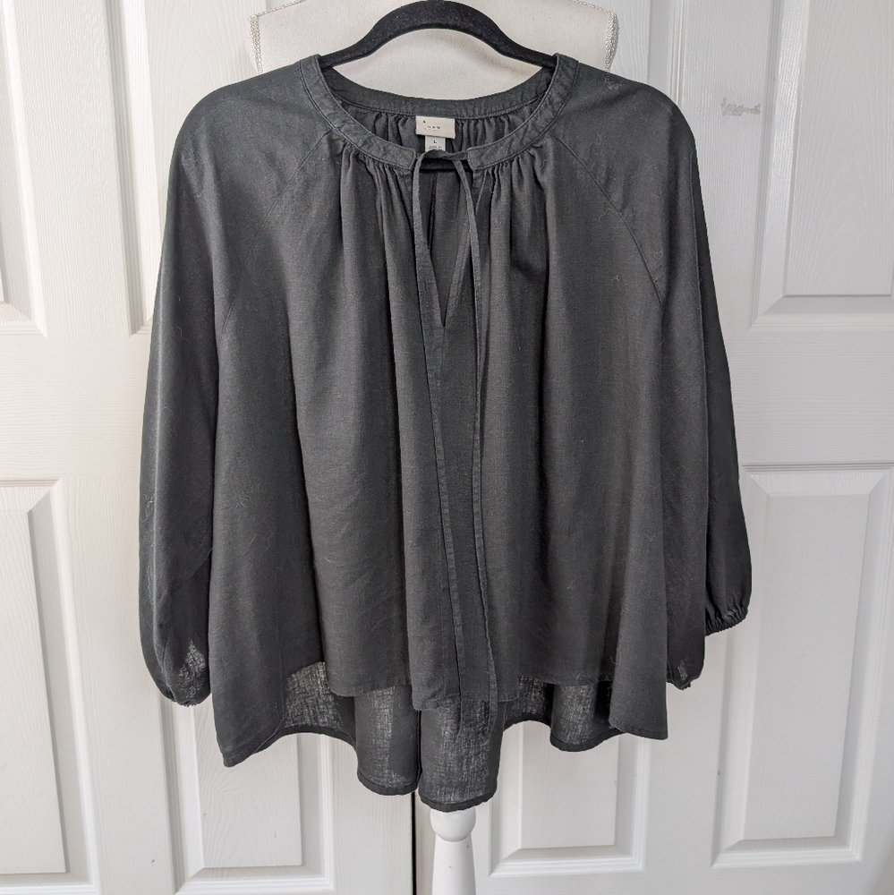 Linen blend Peasant Top, Black, Sz L